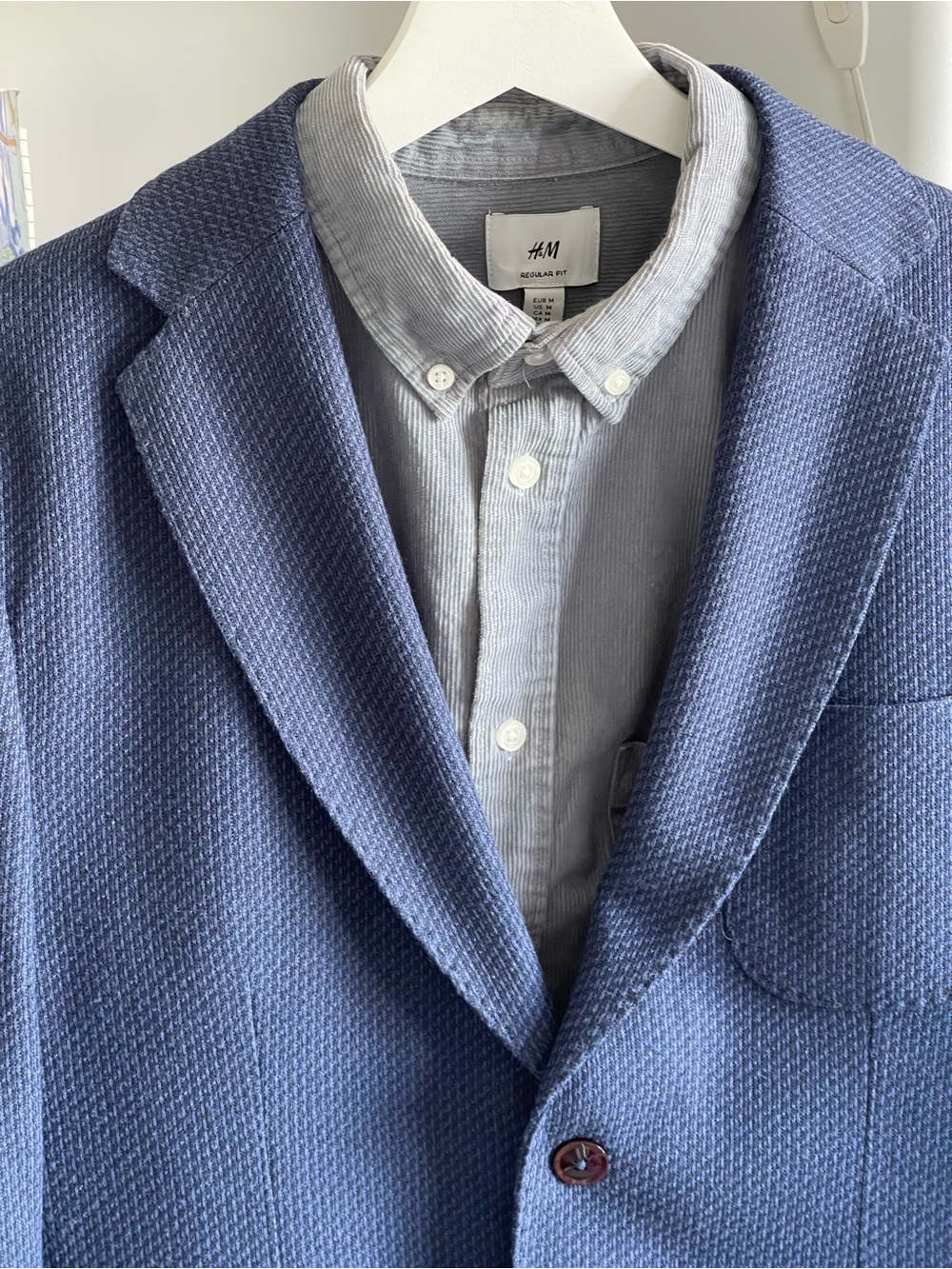 Blue Textured Blazer with Light Gray Shirt